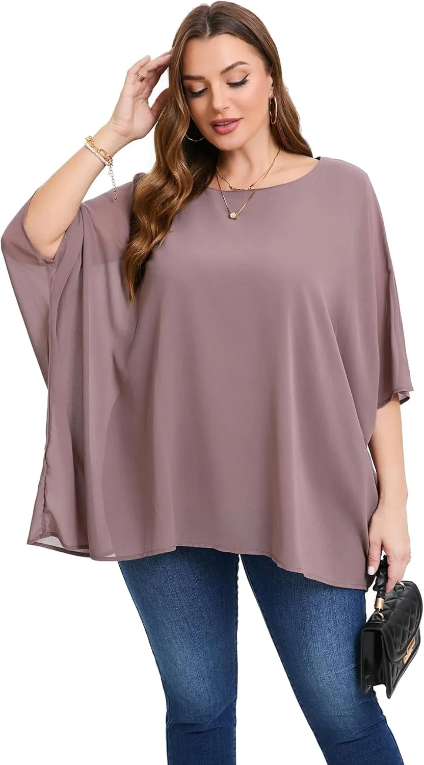 Womens 3/4 Batwing Sleeve Plus Size Elegant Summer Cape Blouse Scoop Neck Oversized Long Casual Tunic Tops Shirts