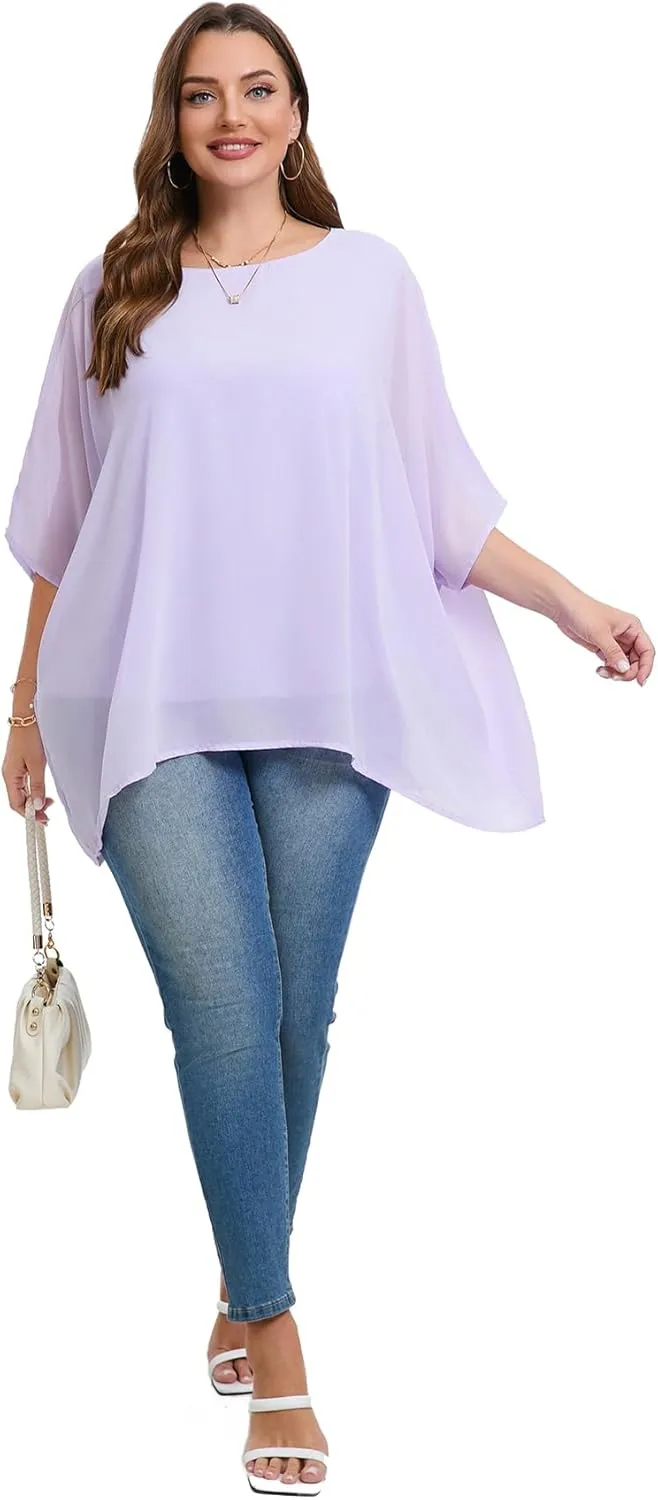 Womens 3/4 Batwing Sleeve Plus Size Elegant Summer Cape Blouse Scoop Neck Oversized Long Casual Tunic Tops Shirts