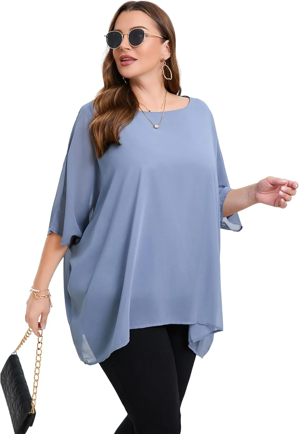 Womens 3/4 Batwing Sleeve Plus Size Elegant Summer Cape Blouse Scoop Neck Oversized Long Casual Tunic Tops Shirts