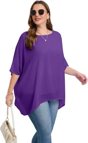 Womens 3/4 Batwing Sleeve Plus Size Elegant Summer Cape Blouse Scoop Neck Oversized Long Casual Tunic Tops Shirts