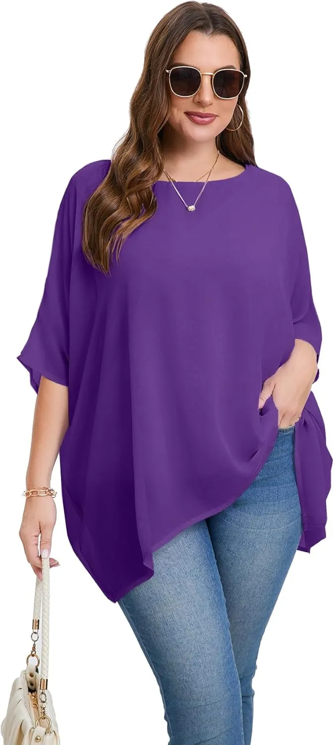 Womens 3/4 Batwing Sleeve Plus Size Elegant Summer Cape Blouse Scoop Neck Oversized Long Casual Tunic Tops Shirts
