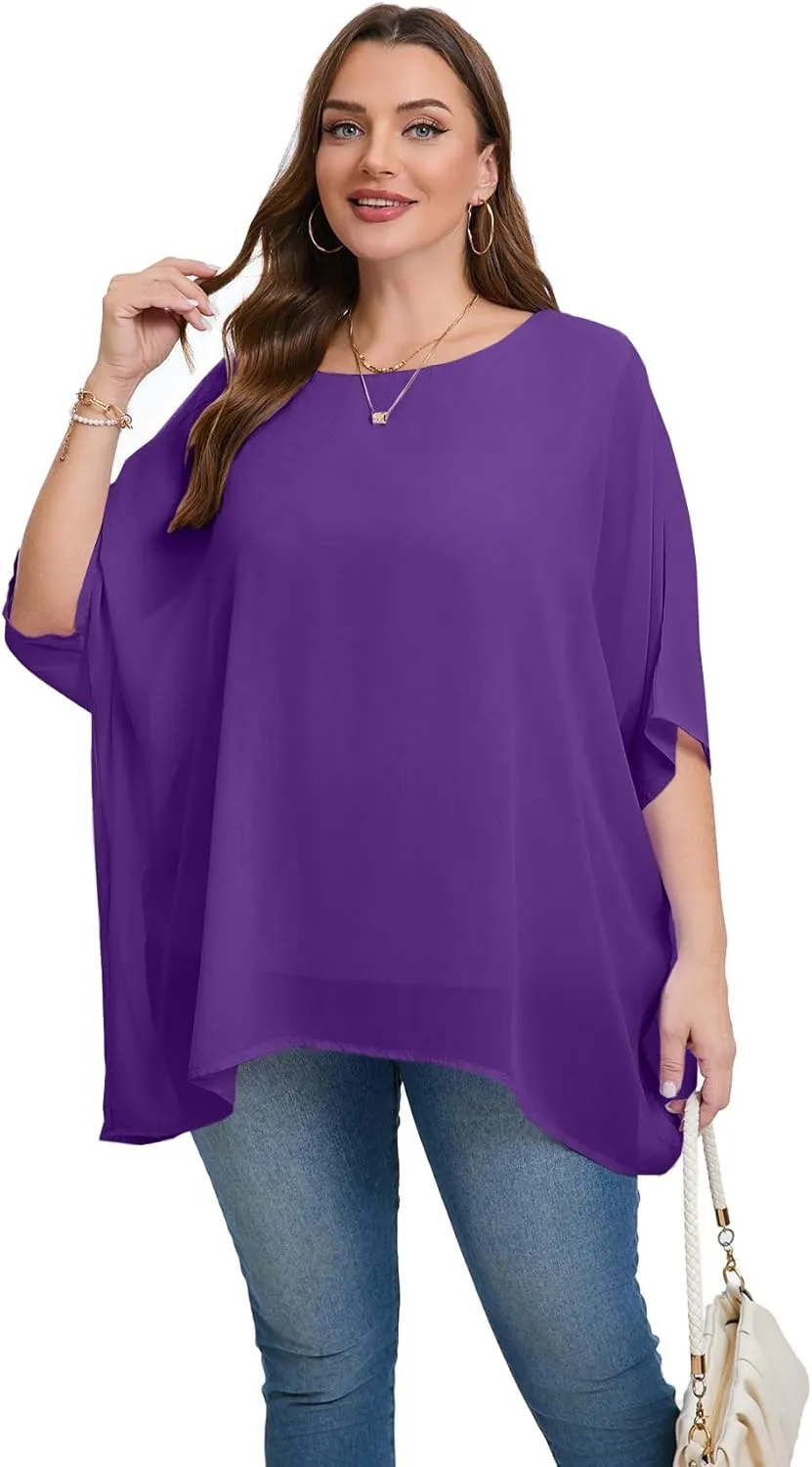 Womens 3/4 Batwing Sleeve Plus Size Elegant Summer Cape Blouse Scoop Neck Oversized Long Casual Tunic Tops Shirts