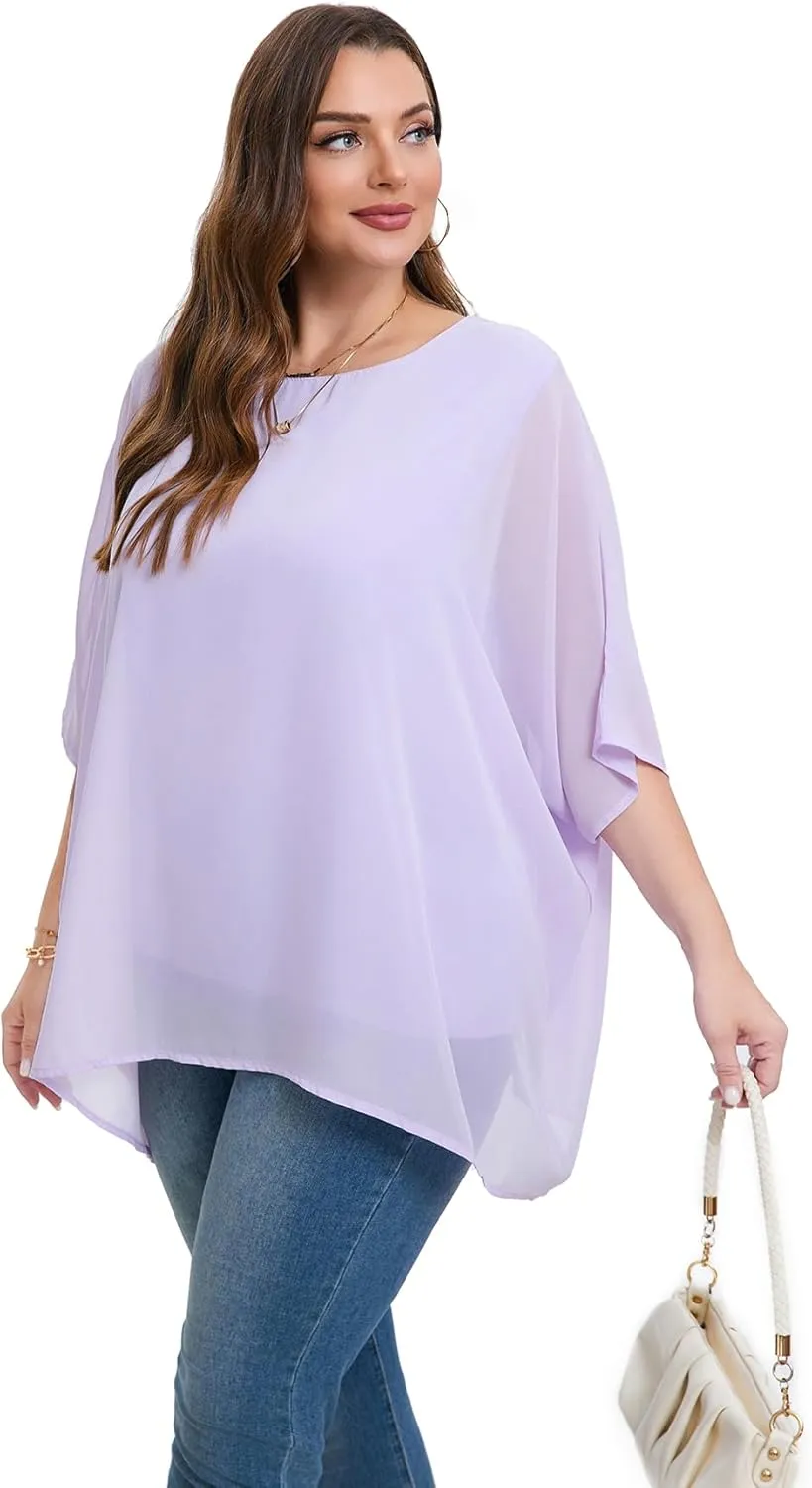Womens 3/4 Batwing Sleeve Plus Size Elegant Summer Cape Blouse Scoop Neck Oversized Long Casual Tunic Tops Shirts