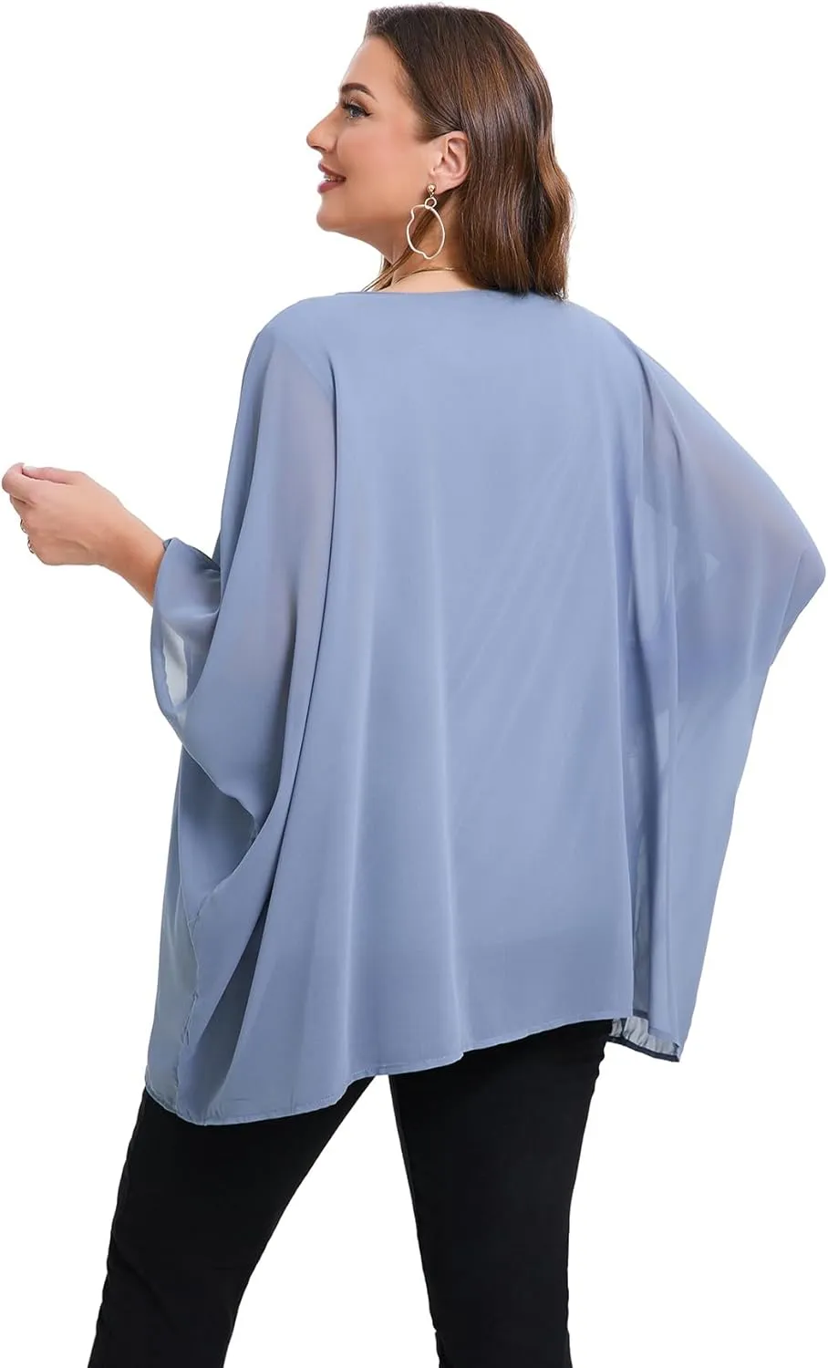 Womens 3/4 Batwing Sleeve Plus Size Elegant Summer Cape Blouse Scoop Neck Oversized Long Casual Tunic Tops Shirts