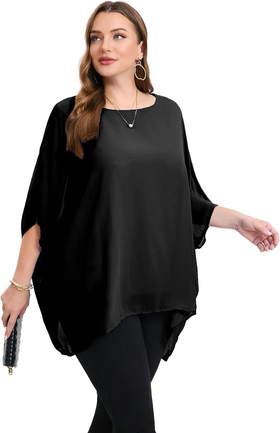 Womens 3/4 Batwing Sleeve Plus Size Elegant Summer Cape Blouse Scoop Neck Oversized Long Casual Tunic Tops Shirts