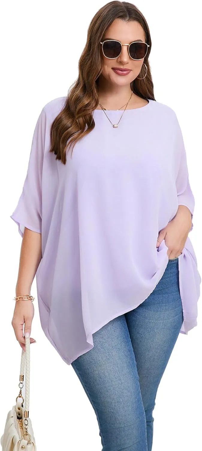 Womens 3/4 Batwing Sleeve Plus Size Elegant Summer Cape Blouse Scoop Neck Oversized Long Casual Tunic Tops Shirts