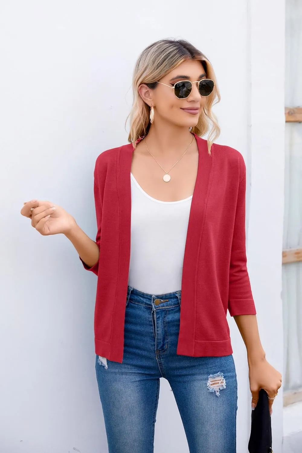 Women's 3/4 Sleeve Open Front Cropped Cardigan Sweater Elegant Shrugs for Women