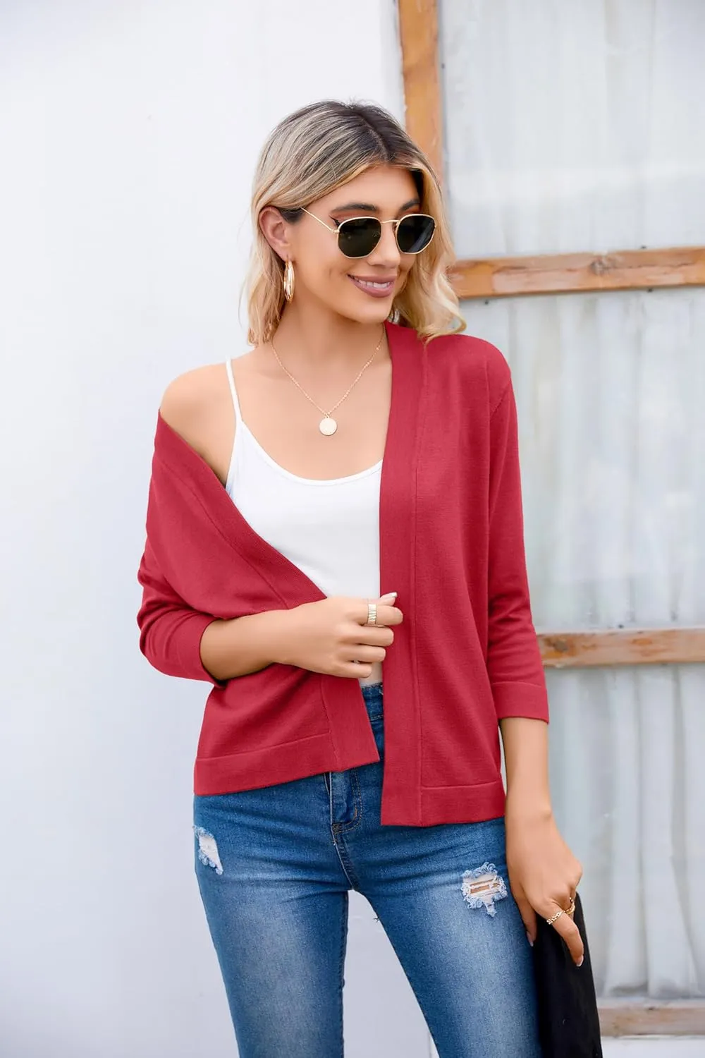 Women's 3/4 Sleeve Open Front Cropped Cardigan Sweater Elegant Shrugs for Women