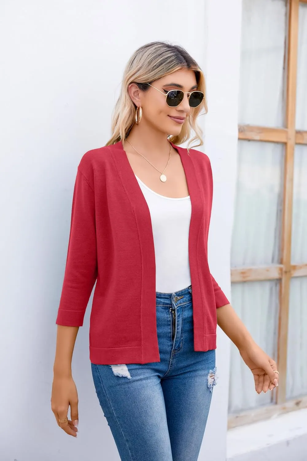 Women's 3/4 Sleeve Open Front Cropped Cardigan Sweater Elegant Shrugs for Women
