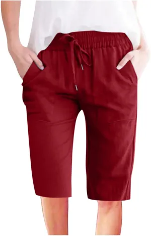 Womens Cargo Shorts Elastic Drawstring Waist Wide Leg Casual Summer Knee Pants with Pockets Walking Lounge Long Short