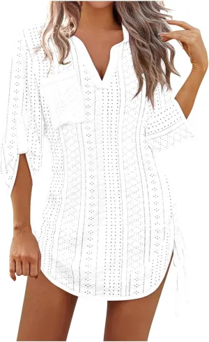 Women's Casual Mini Skirts Knit Hollow Out Long Sleeve Lapel Dress Side Stretch Bandage Short Dresses Outdoor Daily