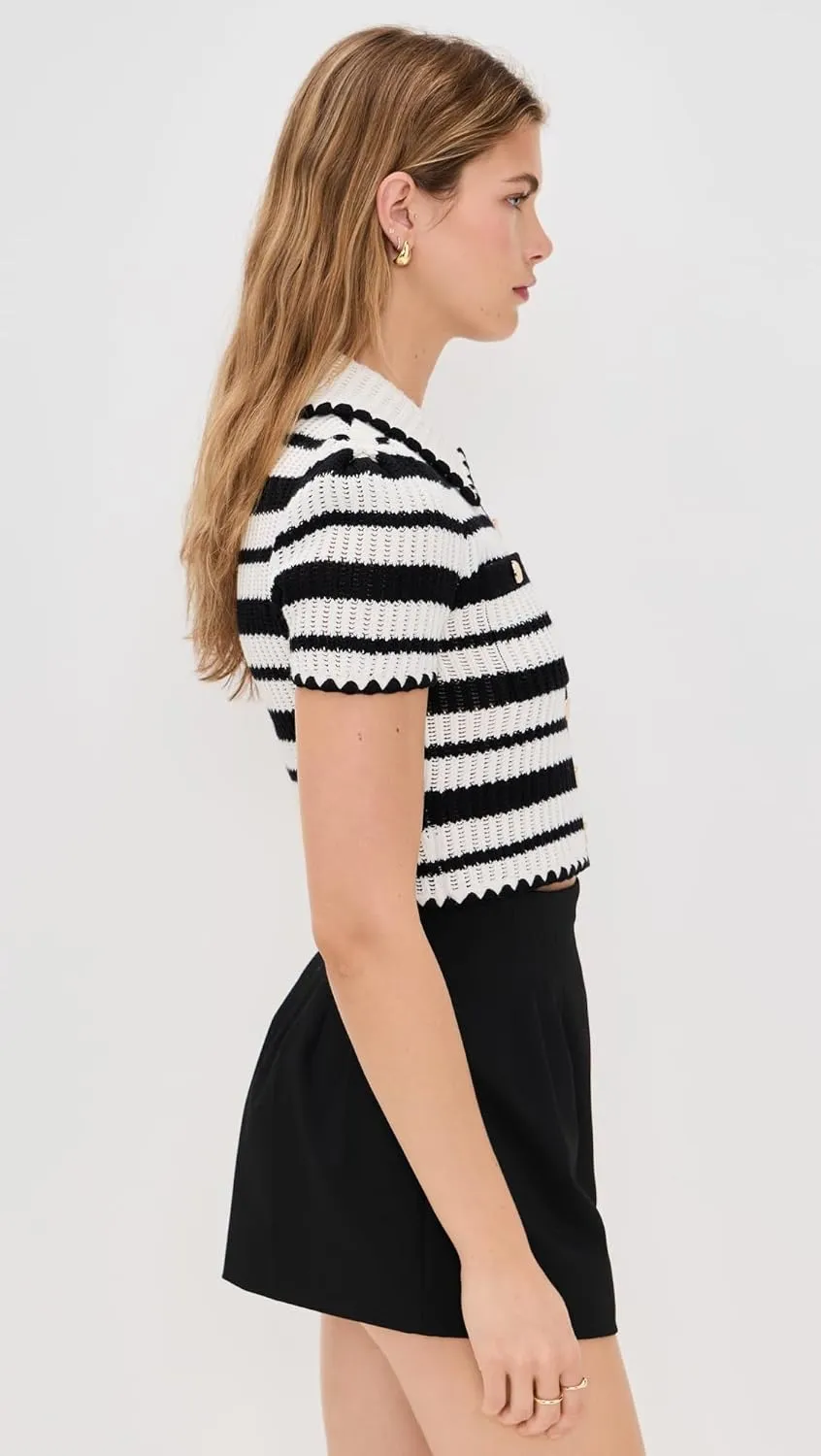 Women's Cream and Black Striped Crochet Top