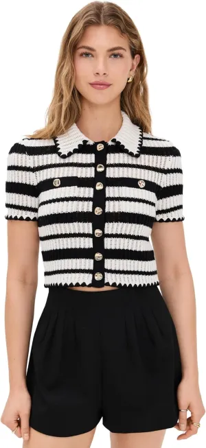 Women's Cream and Black Striped Crochet Top