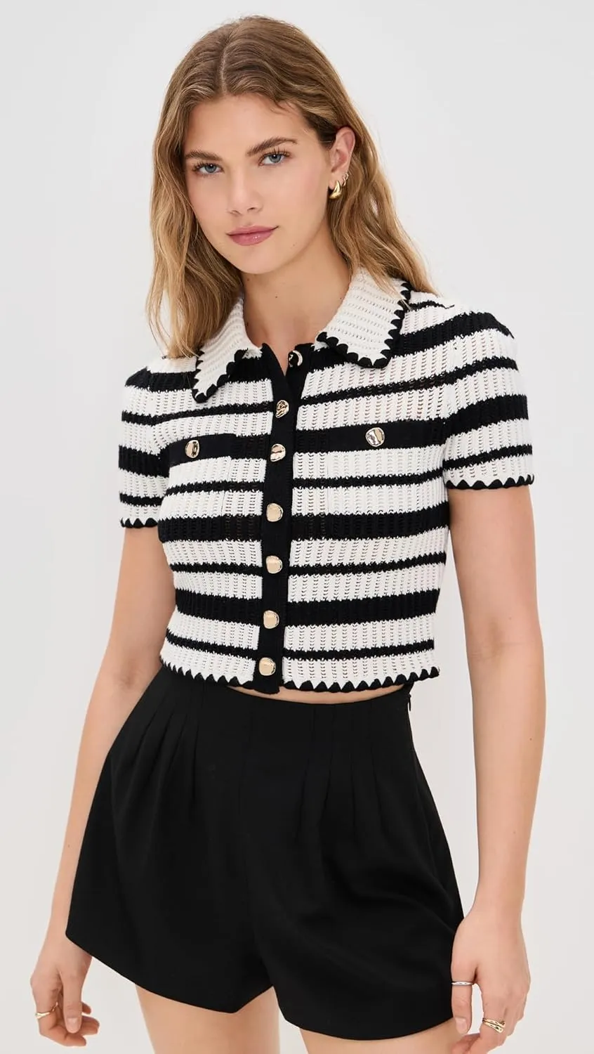 Women's Cream and Black Striped Crochet Top