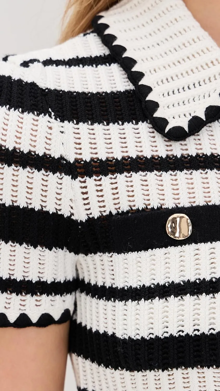 Women's Cream and Black Striped Crochet Top