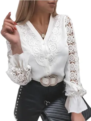 Women's Dressy Lace V Neck Blouse Long Sleeve Button Down Elegant Shirt Top