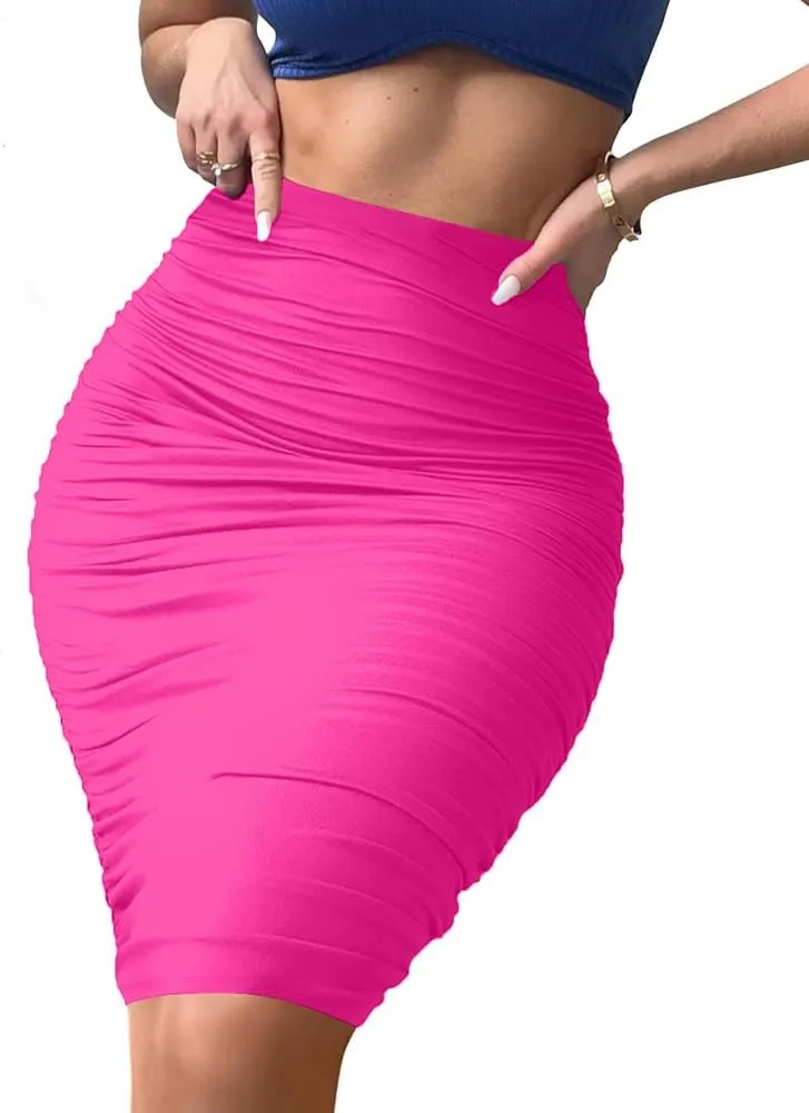 Women's Elastic High Waist Ruched Bodycon Stretch Elegant Pencil Midi Skirt