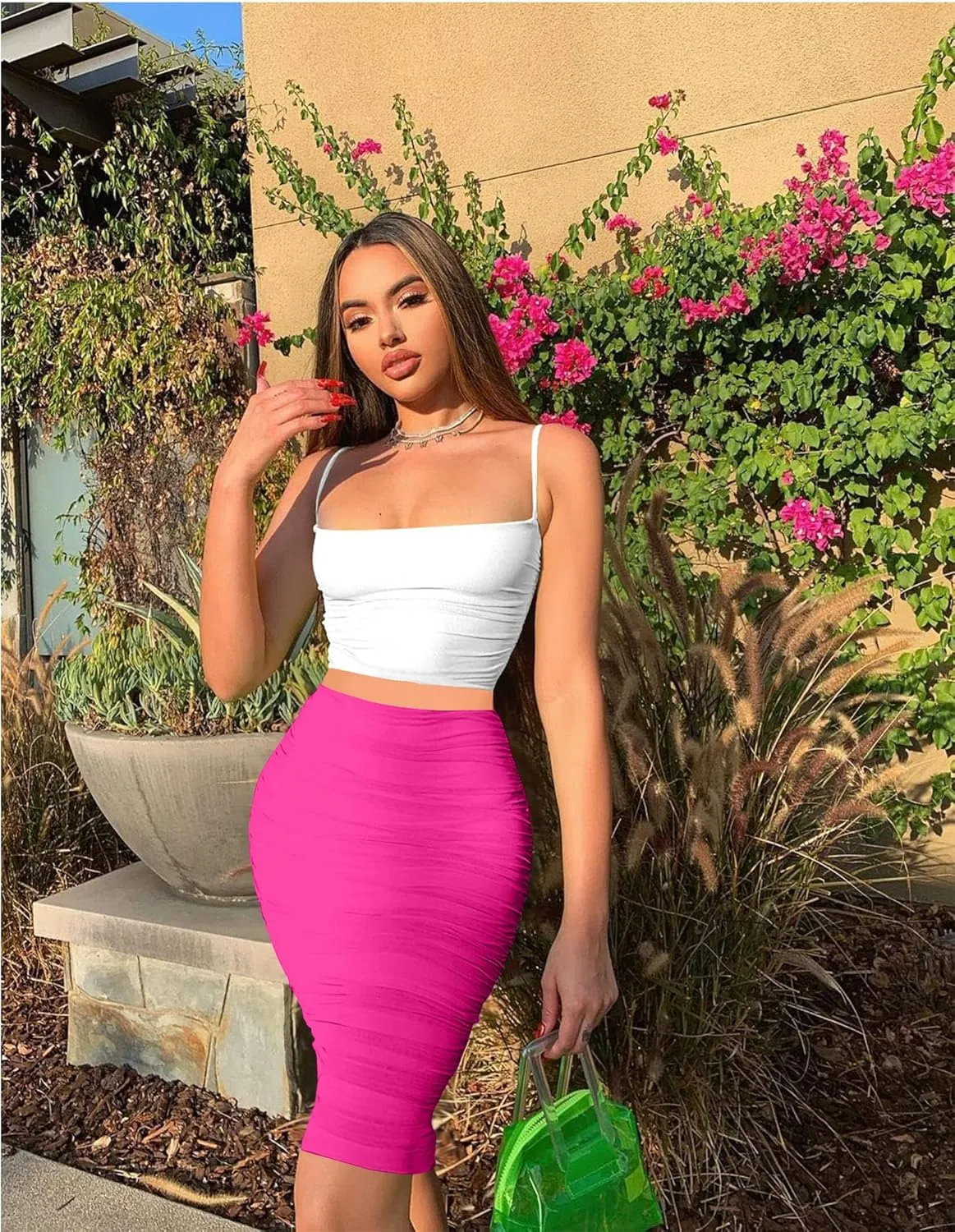 Women's Elastic High Waist Ruched Bodycon Stretch Elegant Pencil Midi Skirt