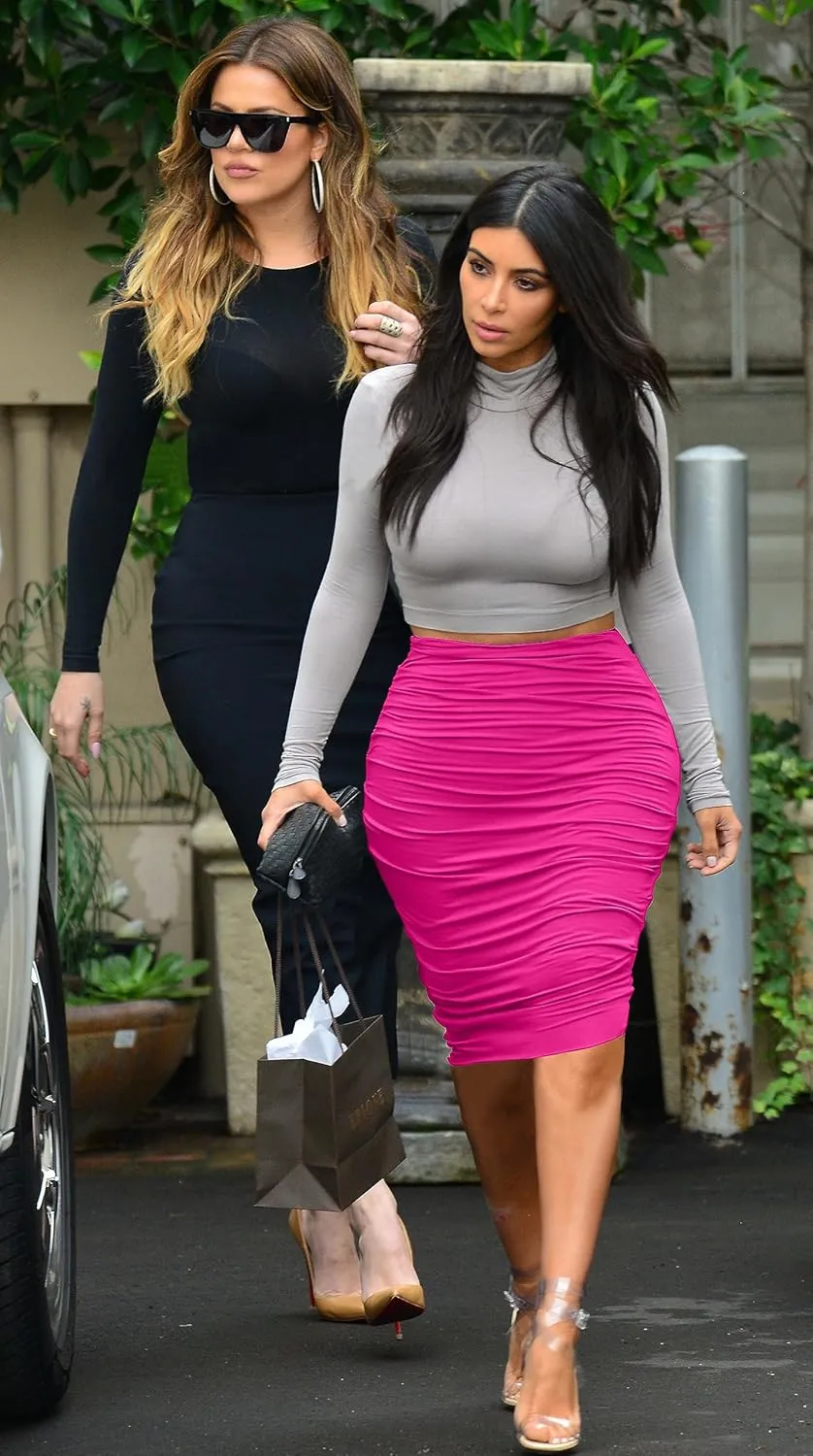 Women's Elastic High Waist Ruched Bodycon Stretch Elegant Pencil Midi Skirt