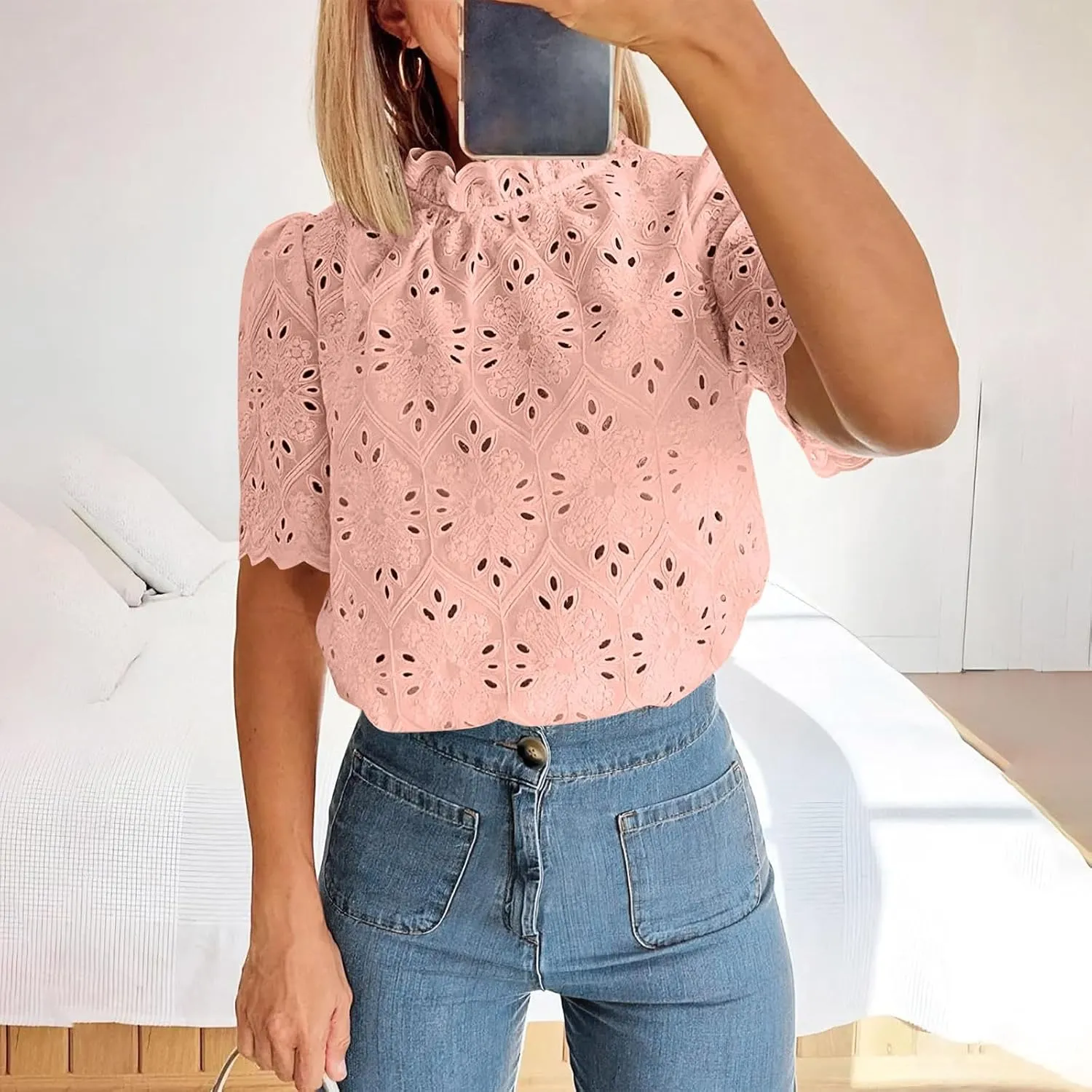 Womens Elbow Length Mock Neck Crochet Jacquard Tops Dressy Elegant Blouse Trendy Casual Hollow Out Shirts