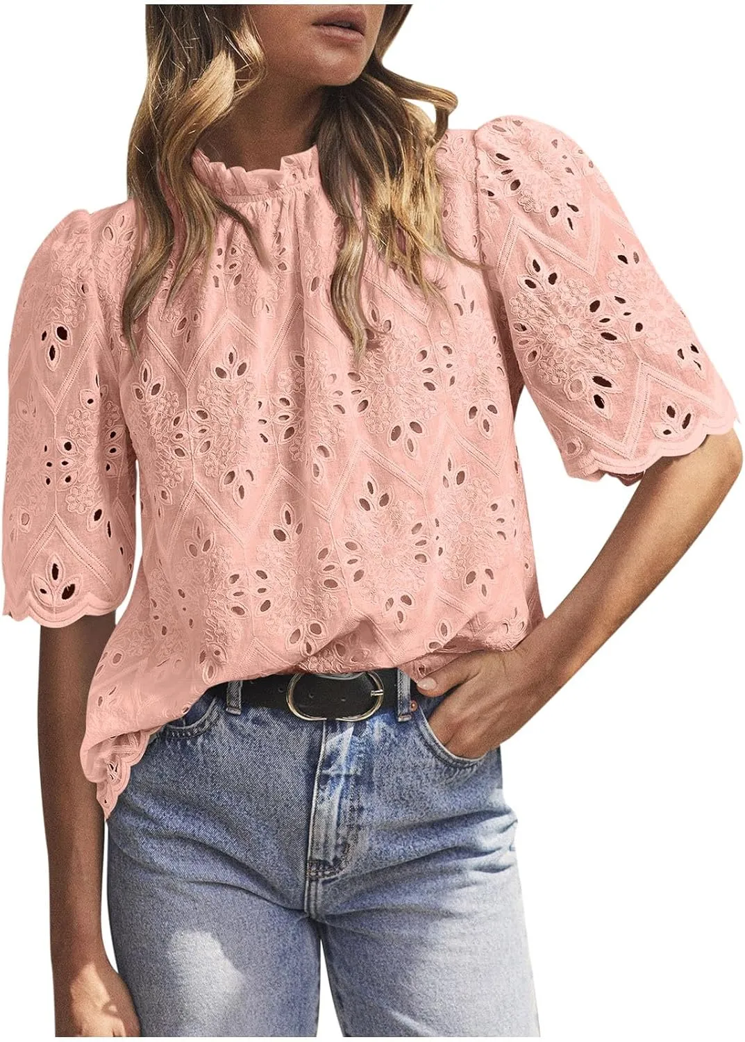 Womens Elbow Length Mock Neck Crochet Jacquard Tops Dressy Elegant Blouse Trendy Casual Hollow Out Shirts