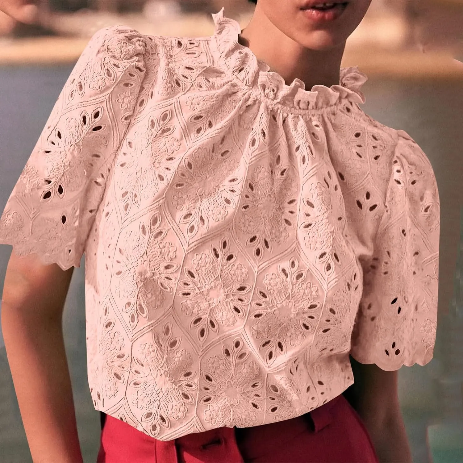 Womens Elbow Length Mock Neck Crochet Jacquard Tops Dressy Elegant Blouse Trendy Casual Hollow Out Shirts
