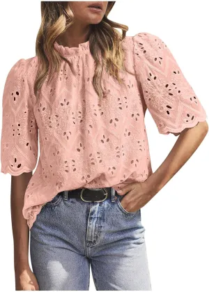Womens Elbow Length Mock Neck Crochet Jacquard Tops Dressy Elegant Blouse Trendy Casual Hollow Out Shirts