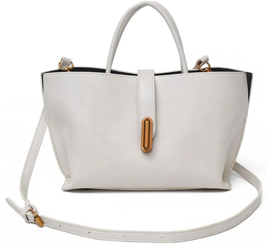 Women's Elegant Solid Color Handbag,PU Leather Top Handle Textured Buckle Shoulder Bag Hobo Bags for Women