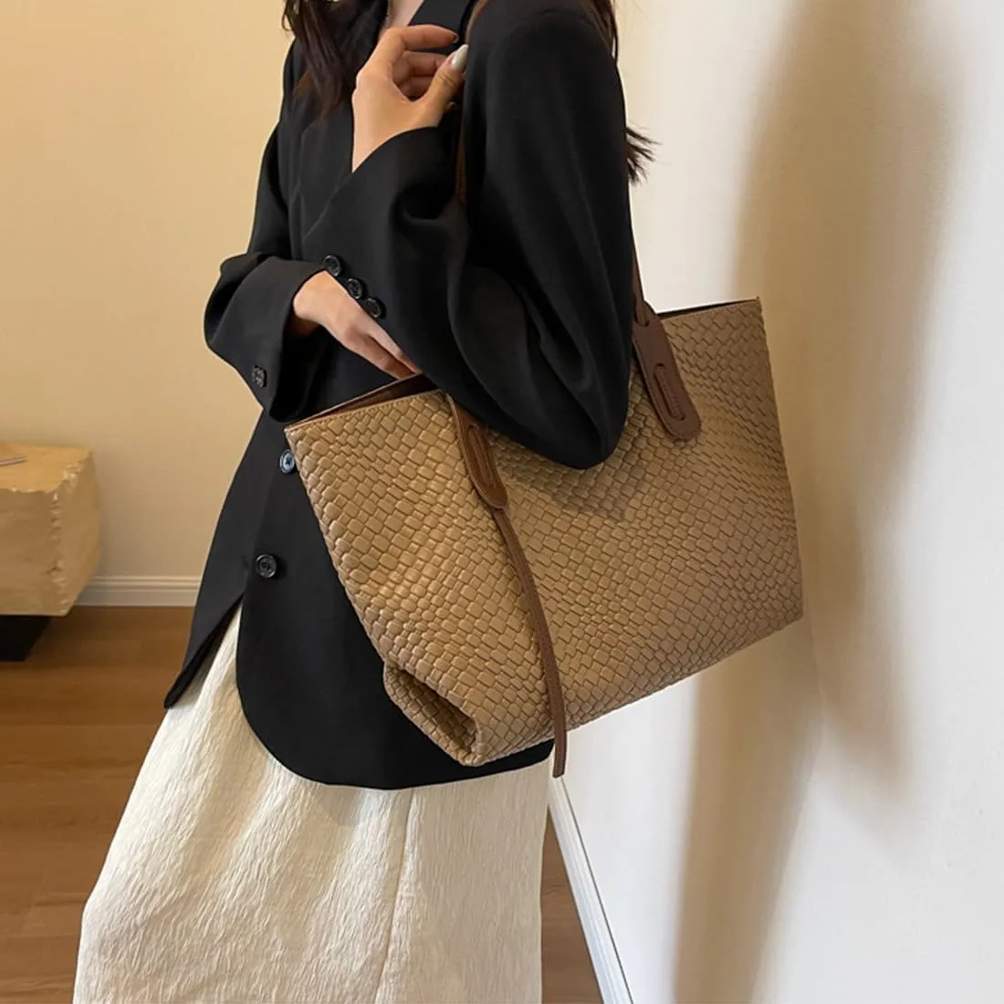 Womens Fashion Luxury Large Leather Woven Leather Tote Handbag Shoulder Bag Women Top Handle Satchel Handbag Work