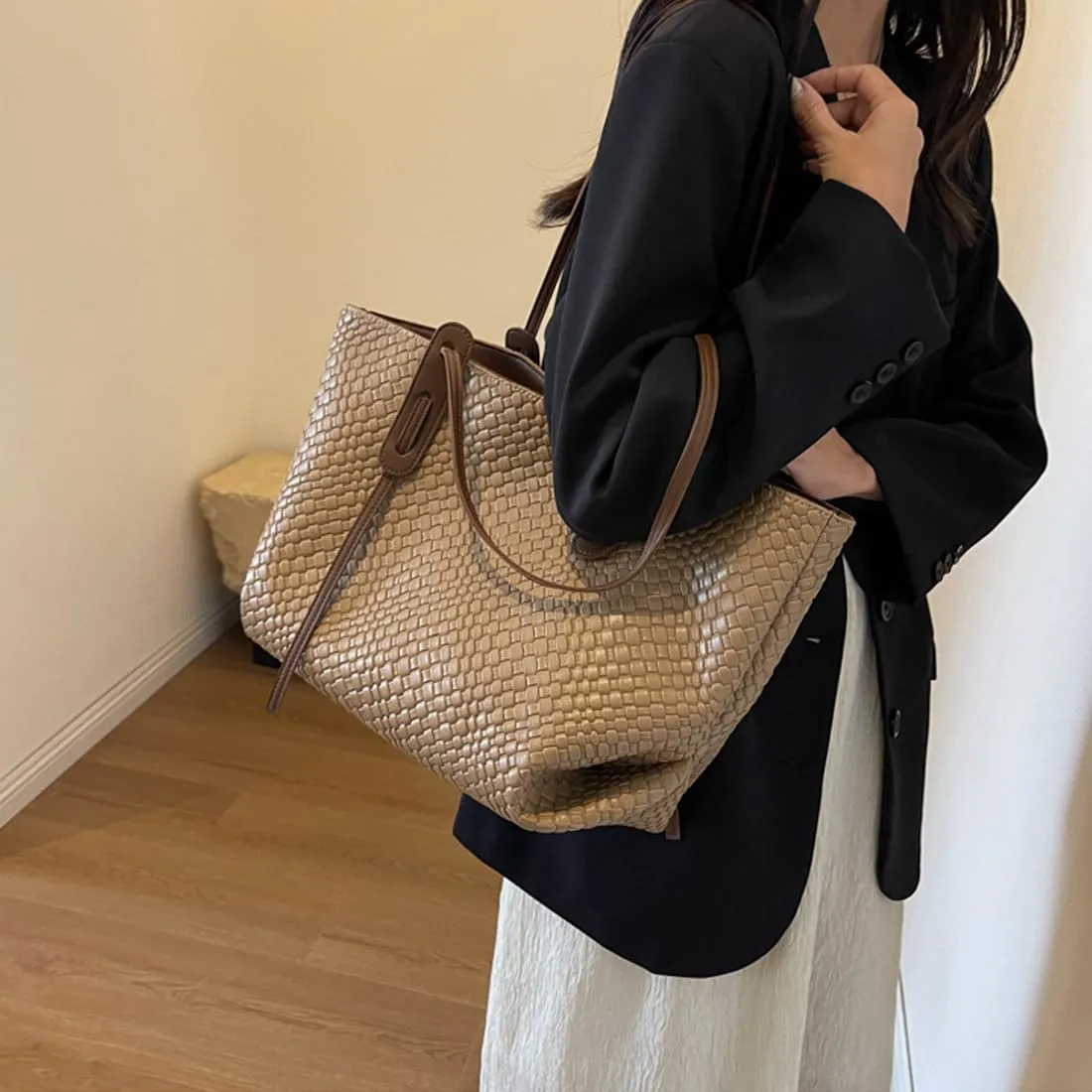Womens Fashion Luxury Large Leather Woven Leather Tote Handbag Shoulder Bag Women Top Handle Satchel Handbag Work