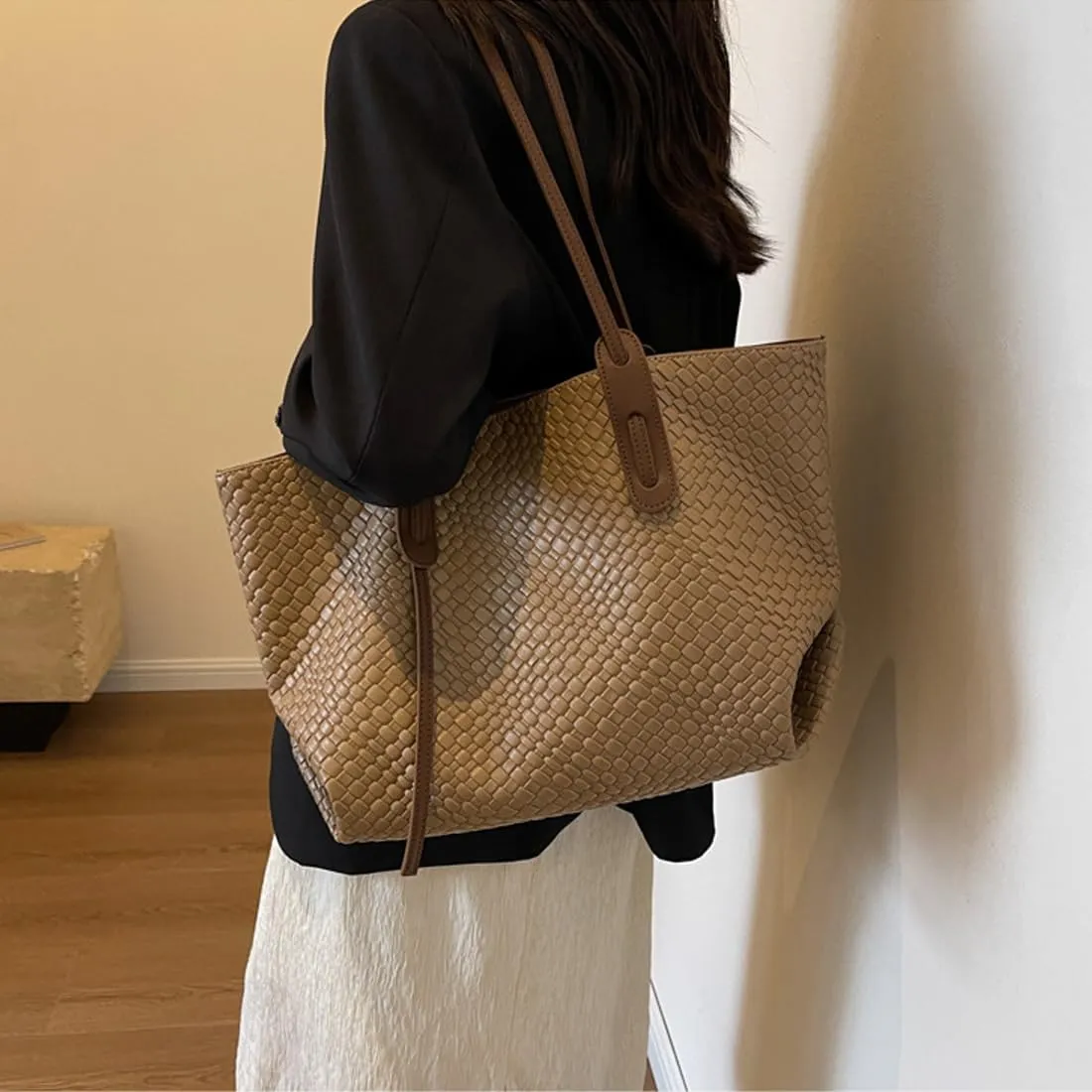 Womens Fashion Luxury Large Leather Woven Leather Tote Handbag Shoulder Bag Women Top Handle Satchel Handbag Work