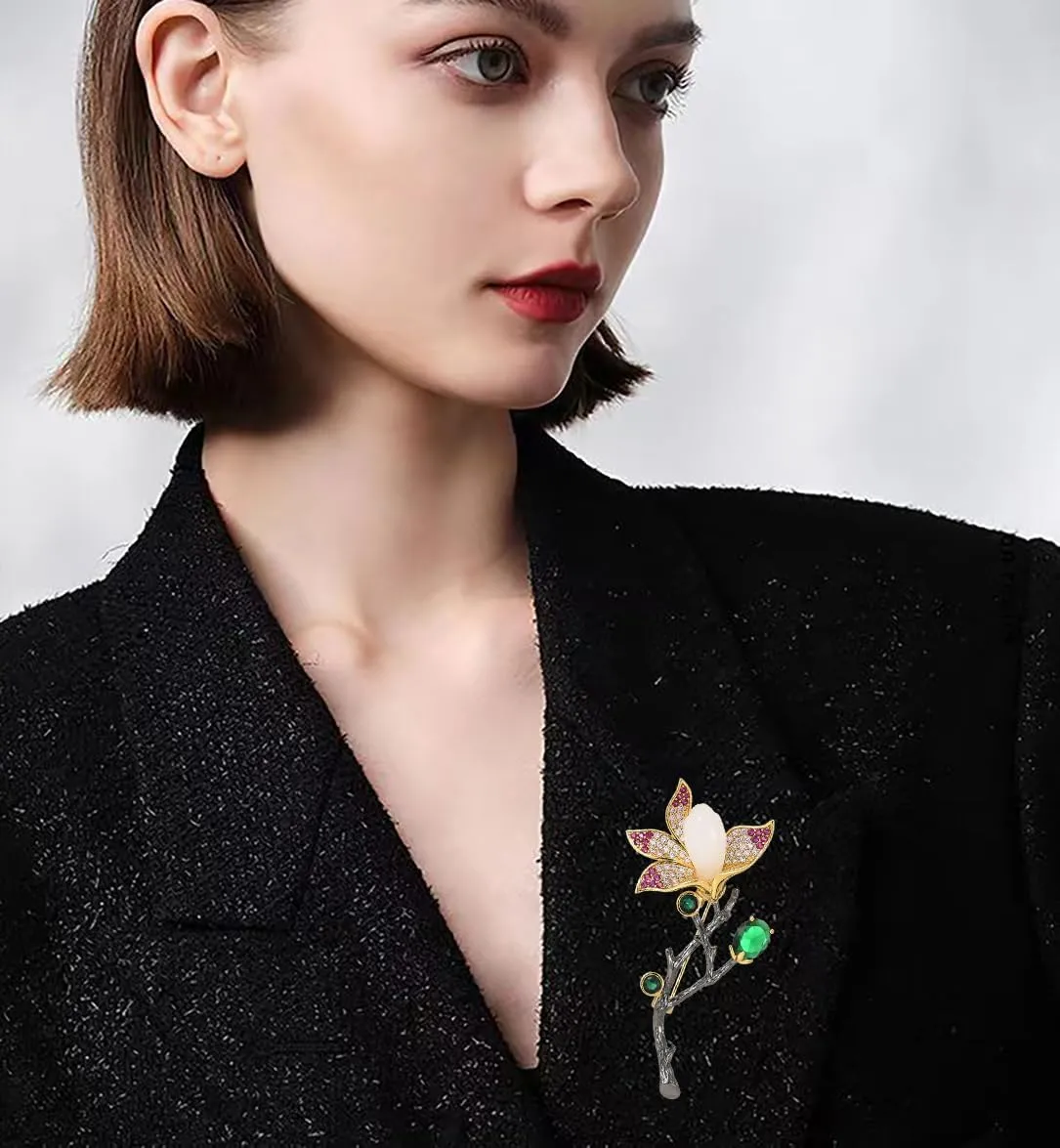 Women's Floral Brooch, Inlaid with Pearls and Zirconia, High-End Elegant Lapel Pin, Jewelry Accessory, Birthday Gift