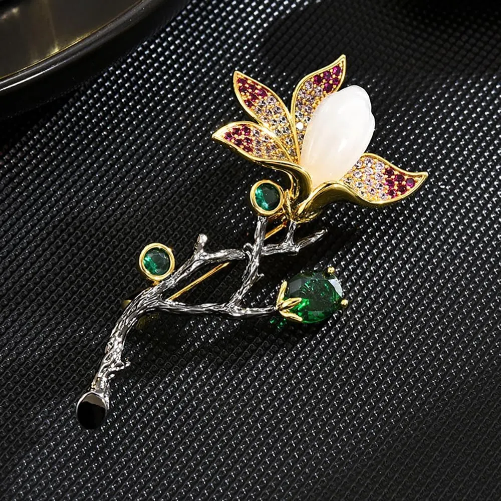 Women's Floral Brooch, Inlaid with Pearls and Zirconia, High-End Elegant Lapel Pin, Jewelry Accessory, Birthday Gift