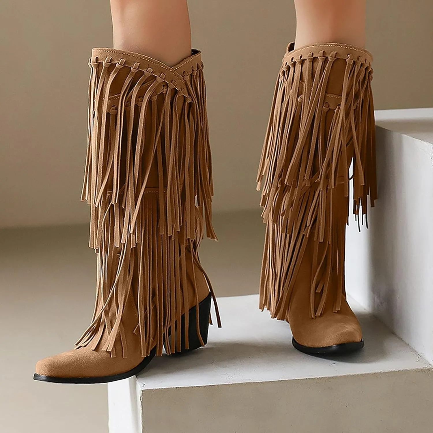 Womens Fringe Western Boots Fashion Square Toe Chunky Low Heel Heel Knee High Cowboy Tassel Boots