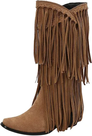 Womens Fringe Western Boots Fashion Square Toe Chunky Low Heel Heel Knee High Cowboy Tassel Boots