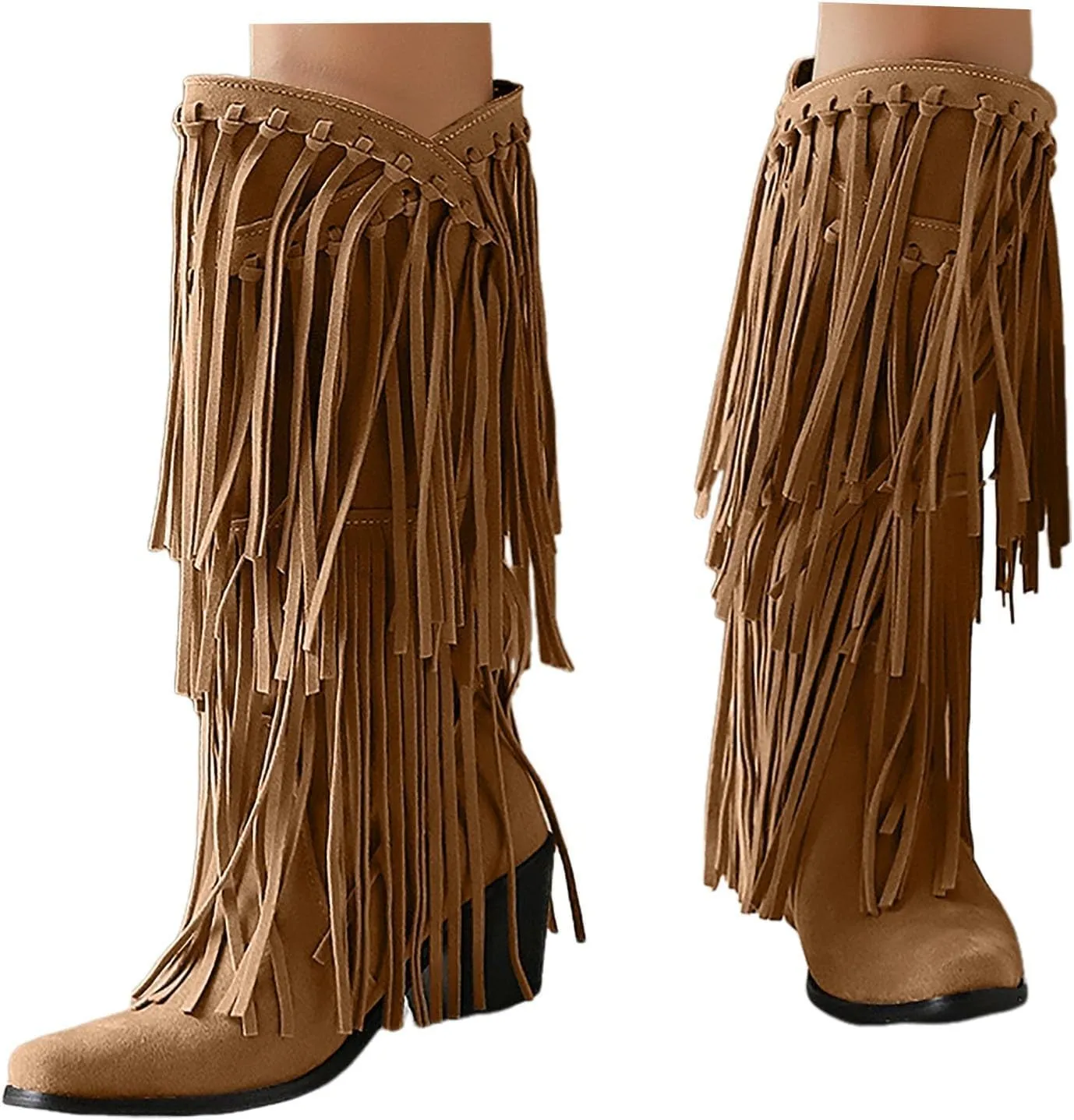 Womens Fringe Western Boots Fashion Square Toe Chunky Low Heel Heel Knee High Cowboy Tassel Boots