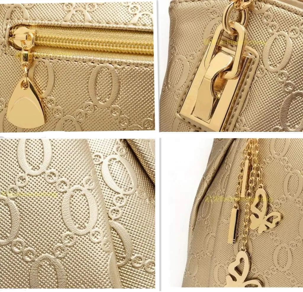 Women's Ladies PU Leather Shoulder Metal Top-handle Embossing Handle Bags 3 Pcs Satchel Tote Purse-Gold