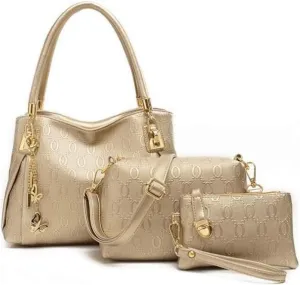 Women's Ladies PU Leather Shoulder Metal Top-handle Embossing Handle Bags 3 Pcs Satchel Tote Purse-Gold