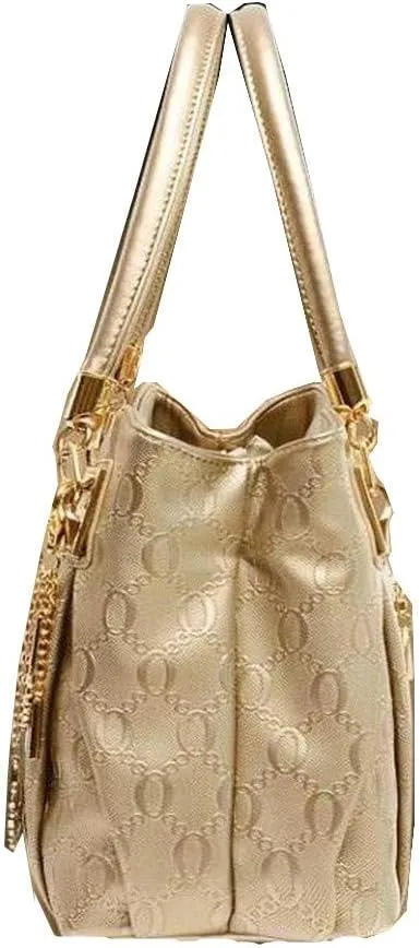 Women's Ladies PU Leather Shoulder Metal Top-handle Embossing Handle Bags 3 Pcs Satchel Tote Purse-Gold