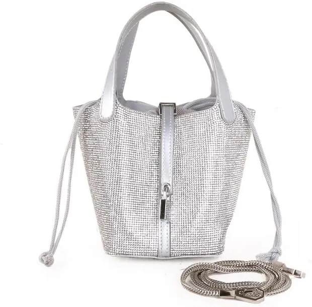 Women's Leather Bucket Bag Sparkling Rhinestone Leather Handbag Lock Design Top-handle Purses Shoulder Handbag