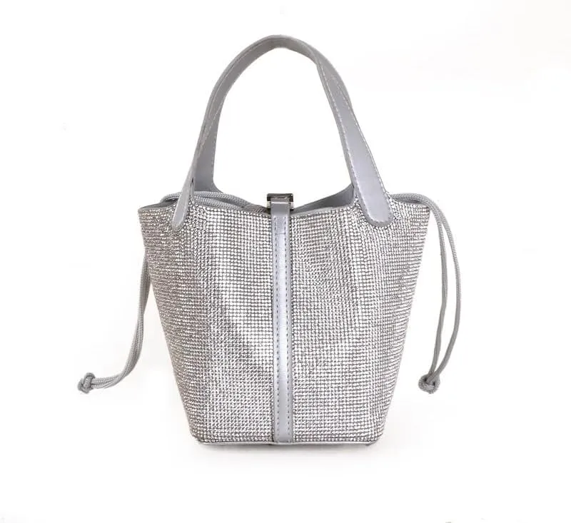 Women's Leather Bucket Bag Sparkling Rhinestone Leather Handbag Lock Design Top-handle Purses Shoulder Handbag