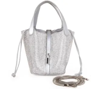 Women's Leather Bucket Bag Sparkling Rhinestone Leather Handbag Lock Design Top-handle Purses Shoulder Handbag