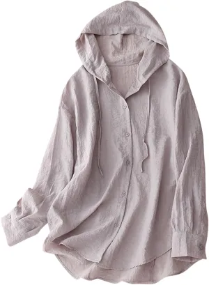 Womens Linen Sun Protection Hoodie Jacket Lightweight Button Down Long Sleeve Shirt Loose Breathable Hooded Cover Ups