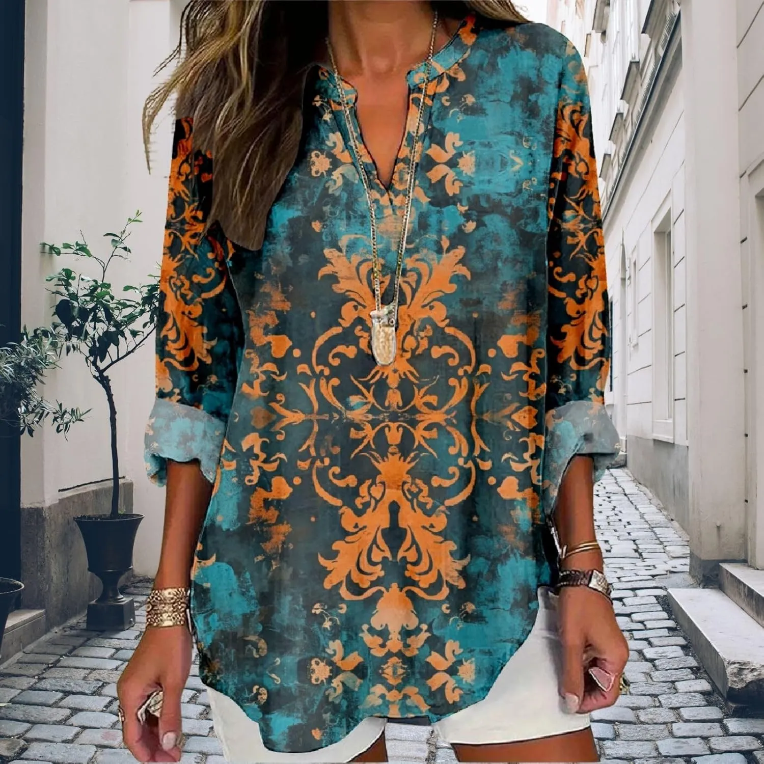 Women's Long Sleeve Floral Print Shirts V-Neck Casual Loose Fit Vintage Printed Blouses Elegant Lightweight Top