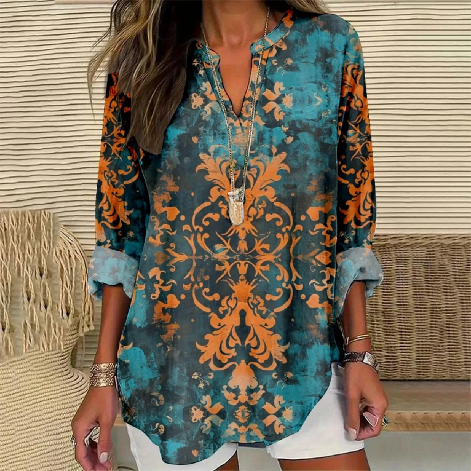 Women's Long Sleeve Floral Print Shirts V-Neck Casual Loose Fit Vintage Printed Blouses Elegant Lightweight Top