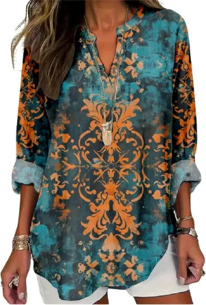 Women's Long Sleeve Floral Print Shirts V-Neck Casual Loose Fit Vintage Printed Blouses Elegant Lightweight Top