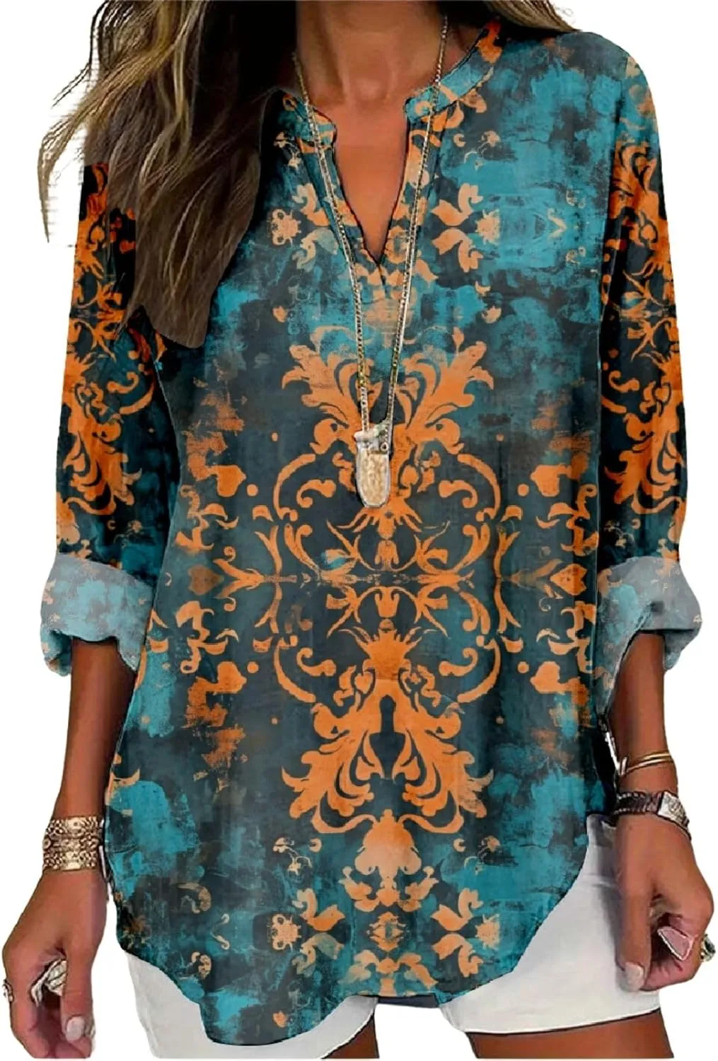 Women's Long Sleeve Floral Print Shirts V-Neck Casual Loose Fit Vintage Printed Blouses Elegant Lightweight Top