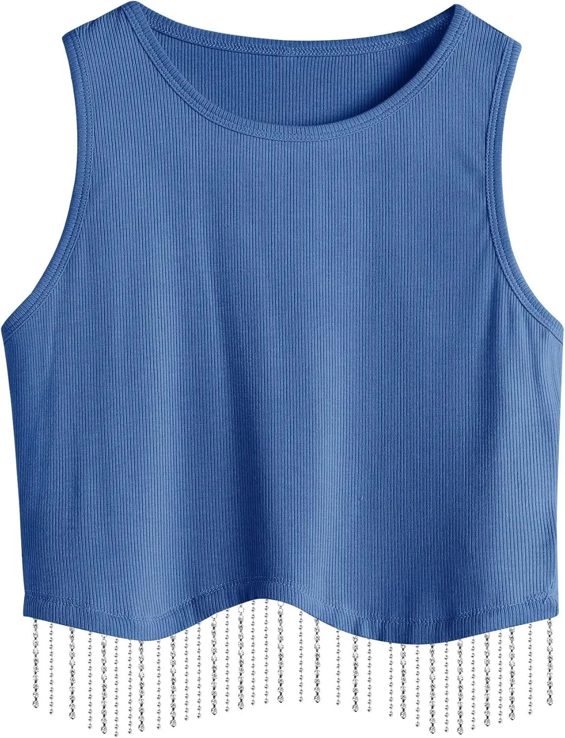 Womens Nashville Sparkly Rhinestone Fringe Sleeveless Crop Tops Y2K Raceback Ribbed Cropped Tank Tops with Glitter Tassel