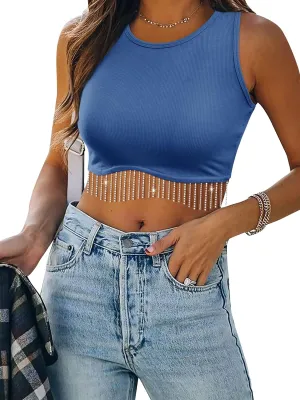 Womens Nashville Sparkly Rhinestone Fringe Sleeveless Crop Tops Y2K Raceback Ribbed Cropped Tank Tops with Glitter Tassel
