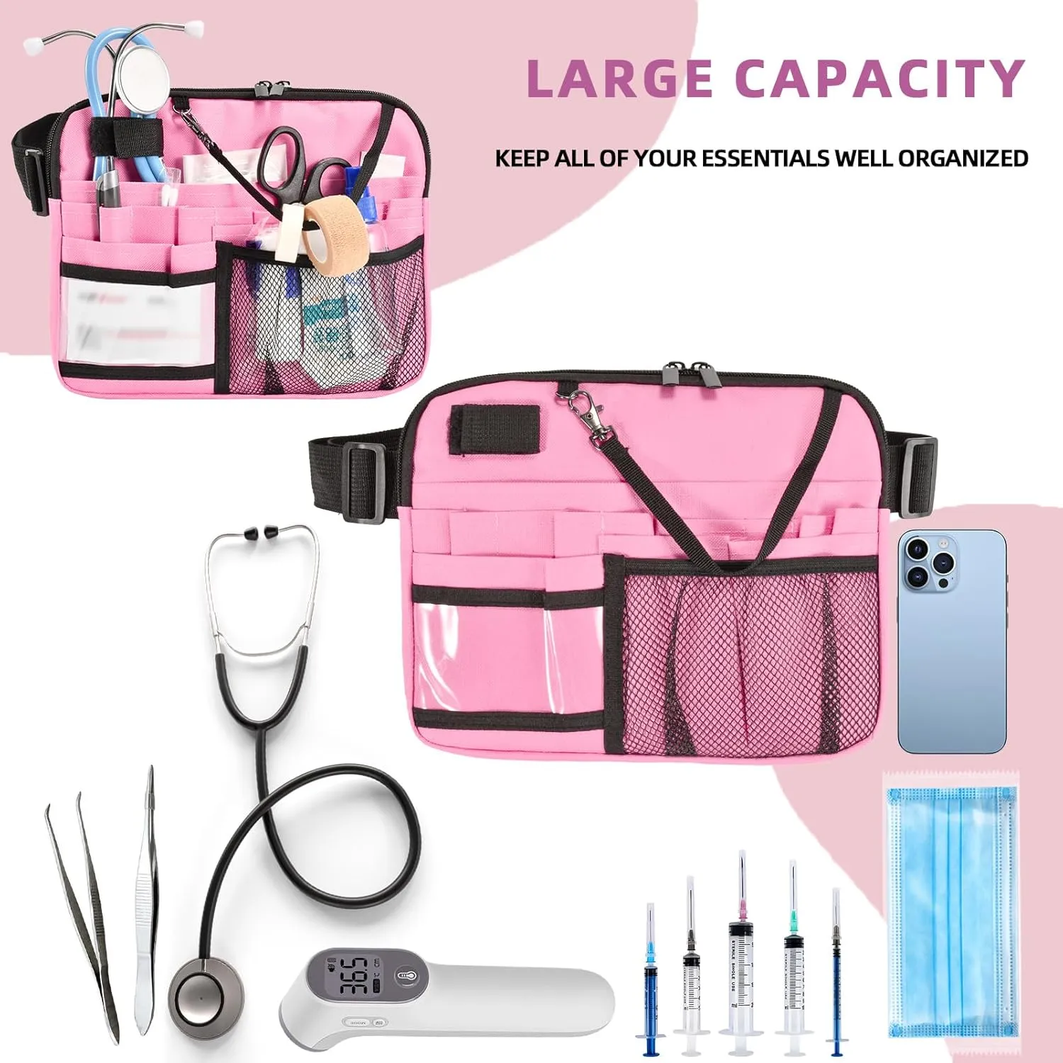 Women's Nursing Fanny Pack with Multi-Pocket Organizer - Ideal Nurse Waist Bag for Daily Essentials, Nurse Tool Belt for Effortless Carry (Pink, Large)